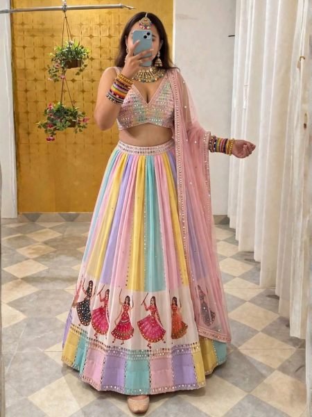 Multi Light Colors Star Georgette Lehenga with Mirror Work and Canvas Layers  Lehenga