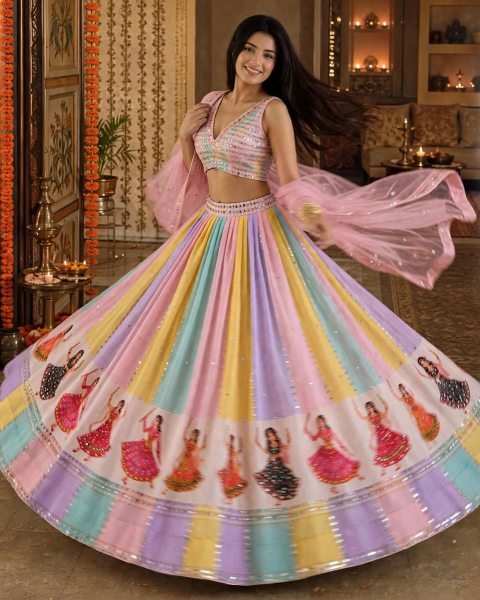 Multi Light Colors Star Georgette Lehenga with Mirror Work and Canvas Layers Navratri Lehnega Choli