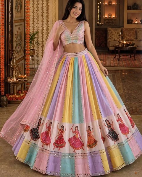 Multi Light Colors Star Georgette Lehenga with Mirror Work and Canvas Layers Navratri Lehnega Choli