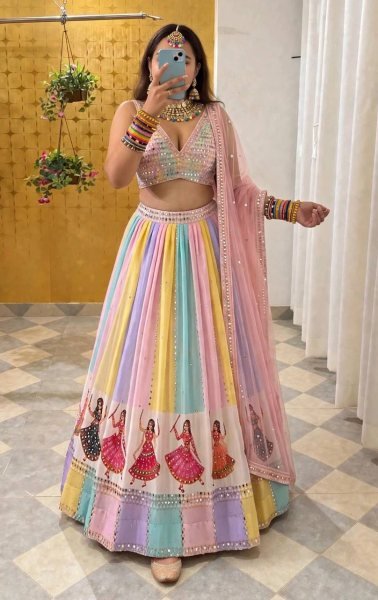 Multi Light Colors Star Georgette Lehenga with Mirror Work and Canvas Layers Navratri Lehnega Choli