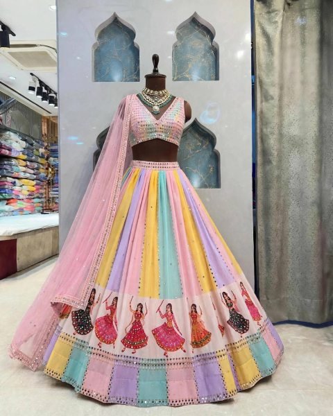 Multi Light Colors Star Georgette Lehenga with Mirror Work and Canvas Layers Navratri Lehnega Choli