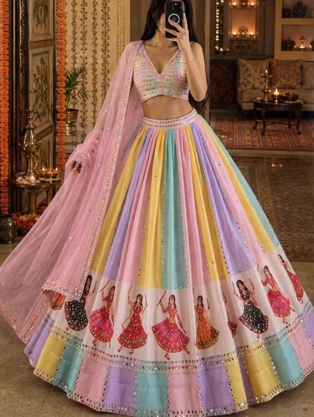 Multi Light Colors Star Georgette Lehenga with Mirror Work and Canvas Layers Navratri Lehnega Choli