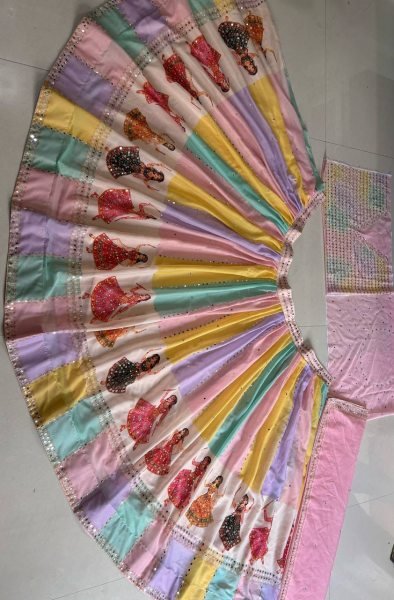 Multi Light Colors Star Georgette Lehenga with Mirror Work and Canvas Layers Navratri Lehnega Choli