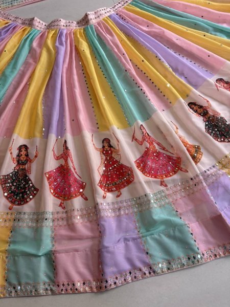 Multi Light Colors Star Georgette Lehenga with Mirror Work and Canvas Layers Navratri Lehnega Choli