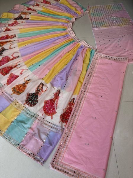 Multi Light Colors Star Georgette Lehenga with Mirror Work and Canvas Layers Navratri Lehnega Choli