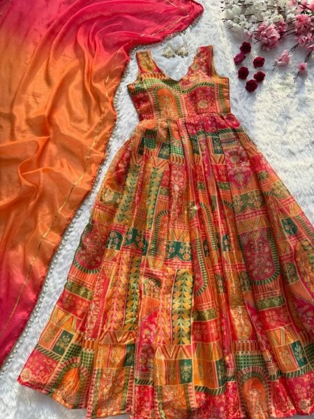Multicolor Combination Standard Quality Jimmy Organza Silk Digital Printed Anarkali Gown with Dupatta  Ready To Wear Collection