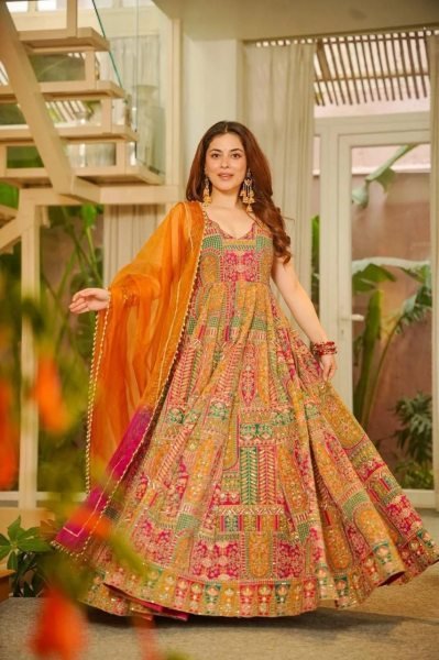 Multicolor Combination Standard Quality Jimmy Organza Silk Digital Printed Anarkali Gown with Dupatta  Ready To Wear Collection