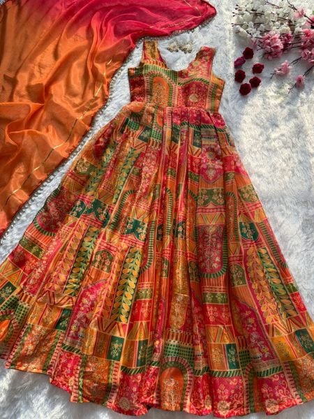 Multicolor Combination Standard Quality Jimmy Organza Silk Digital Printed Anarkali Gown with Dupatta  Ready To Wear Collection