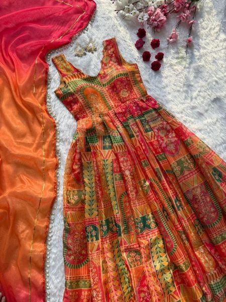 Multicolor Combination Standard Quality Jimmy Organza Silk Digital Printed Anarkali Gown with Dupatta  Ready To Wear Collection