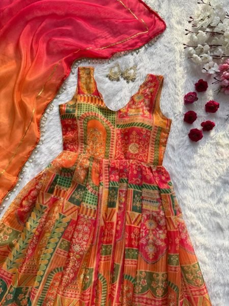 Multicolor Combination Standard Quality Jimmy Organza Silk Digital Printed Anarkali Gown with Dupatta  Ready To Wear Collection