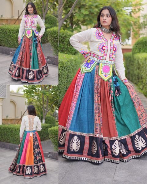 Multicolor Cotton Printed Lehenga Choli with Kutchi Gamthi Blouse at Wholesale Navratri Lehnega Choli