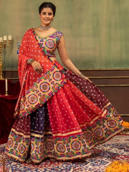 Multicolor Designer Printed Georgette Lehenga with Banglory Silk Blouse for Dandiya Ras 