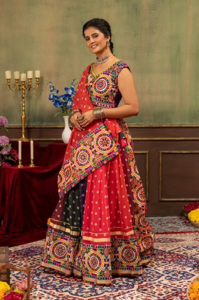 Multicolor Designer Printed Georgette Lehenga with Banglory Silk Blouse for Dandiya Ras Navratri Lehnega Choli