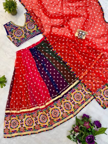 Multicolor Designer Printed Georgette Lehenga with Banglory Silk Blouse for Dandiya Ras Navratri Lehnega Choli