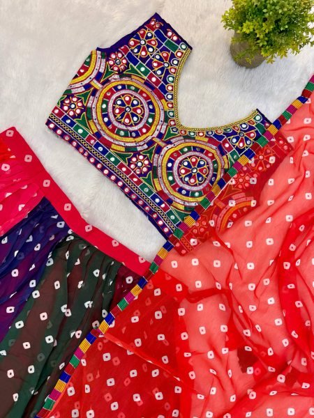 Multicolor Designer Printed Georgette Lehenga with Banglory Silk Blouse for Dandiya Ras Navratri Lehnega Choli