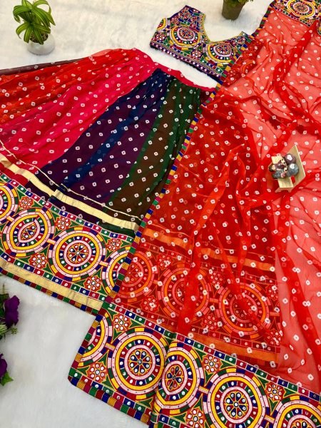 Multicolor Designer Printed Georgette Lehenga with Banglory Silk Blouse for Dandiya Ras Navratri Lehnega Choli