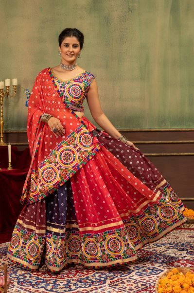 Multicolor Designer Printed Georgette Lehenga with Banglory Silk Blouse for Dandiya Ras Navratri Lehnega Choli