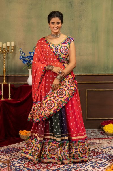 Multicolor Designer Printed Georgette Lehenga with Banglory Silk Blouse for Dandiya Ras Navratri Lehnega Choli