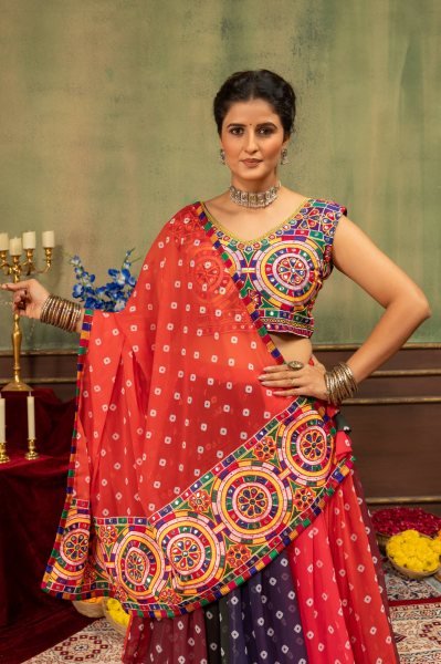Multicolor Designer Printed Georgette Lehenga with Banglory Silk Blouse for Dandiya Ras Navratri Lehnega Choli