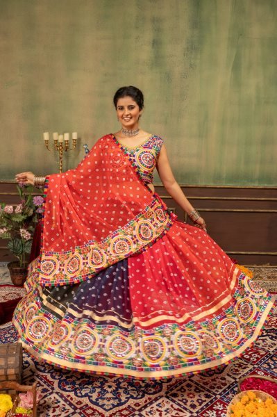 Multicolor Designer Printed Georgette Lehenga with Banglory Silk Blouse for Dandiya Ras Navratri Lehnega Choli