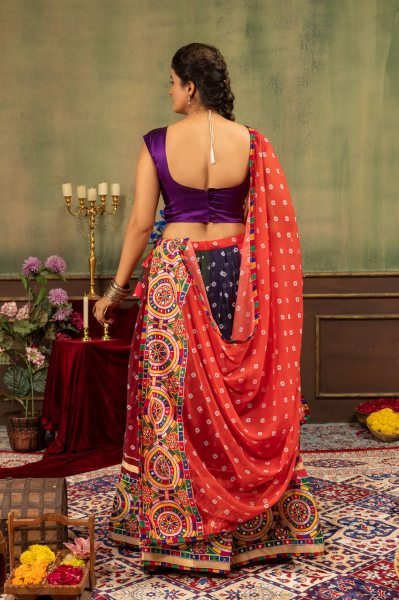 Multicolor Designer Printed Georgette Lehenga with Banglory Silk Blouse for Dandiya Ras Navratri Lehnega Choli
