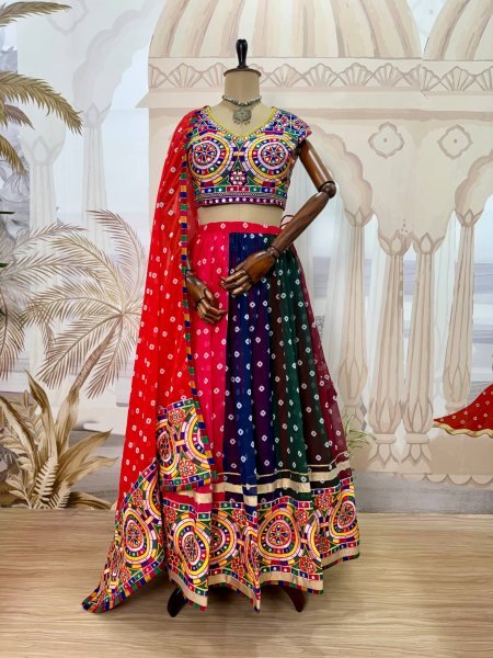 Multicolor Designer Printed Georgette Lehenga with Banglory Silk Blouse for Dandiya Ras Navratri Lehnega Choli
