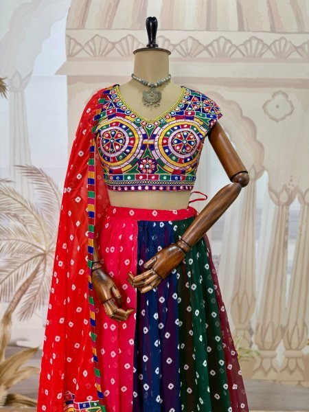 Multicolor Designer Printed Georgette Lehenga with Banglory Silk Blouse for Dandiya Ras Navratri Lehnega Choli