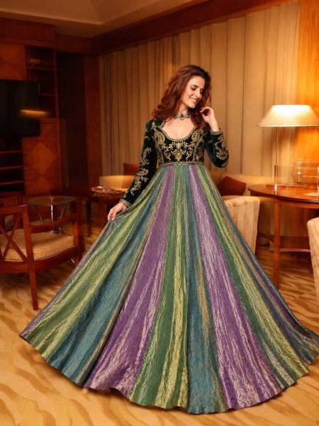 Multicolor Designer Velvet Anarkali Gown with Fandy Silk Multi Colour Flair at Wholesale Rate Ready To Wear Suit