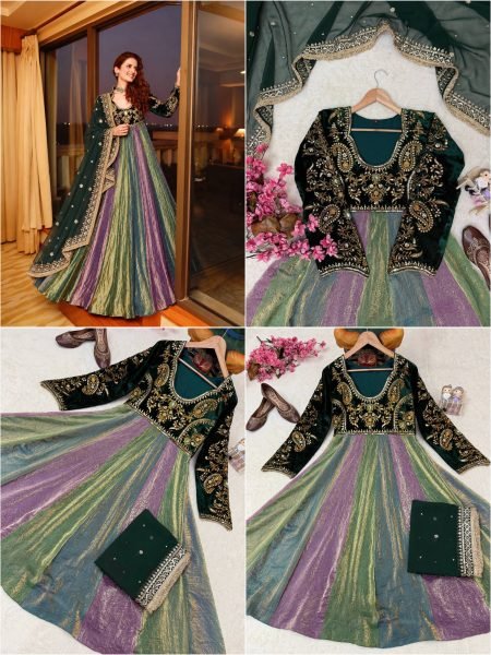 Multicolor Designer Velvet Anarkali Gown with Fandy Silk Multi Colour Flair at Wholesale Rate Ready To Wear Collection
