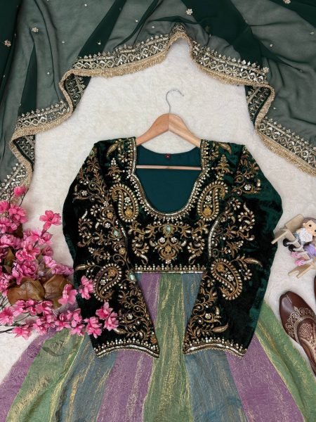Multicolor Designer Velvet Anarkali Gown with Fandy Silk Multi Colour Flair at Wholesale Rate Ready To Wear Collection