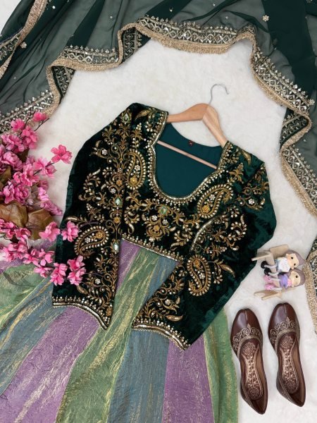 Multicolor Designer Velvet Anarkali Gown with Fandy Silk Multi Colour Flair at Wholesale Rate Ready To Wear Collection