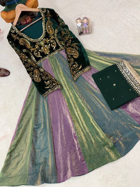 Multicolor Designer Velvet Anarkali Gown with Fandy Silk Multi Colour Flair at Wholesale Rate Ready To Wear Collection