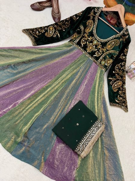 Multicolor Designer Velvet Anarkali Gown with Fandy Silk Multi Colour Flair at Wholesale Rate Ready To Wear Collection