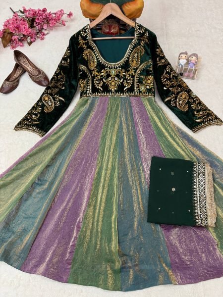Multicolor Designer Velvet Anarkali Gown with Fandy Silk Multi Colour Flair at Wholesale Rate Ready To Wear Collection