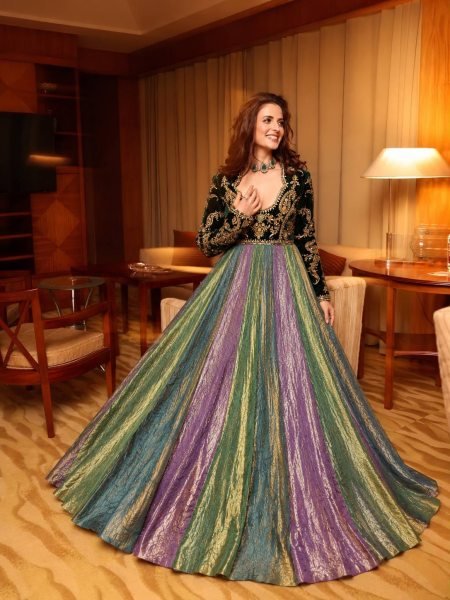 Multicolor Designer Velvet Anarkali Gown with Fandy Silk Multi Colour Flair at Wholesale Rate Ready To Wear Collection