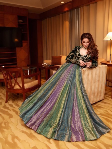 Multicolor Designer Velvet Anarkali Gown with Fandy Silk Multi Colour Flair at Wholesale Rate Ready To Wear Collection