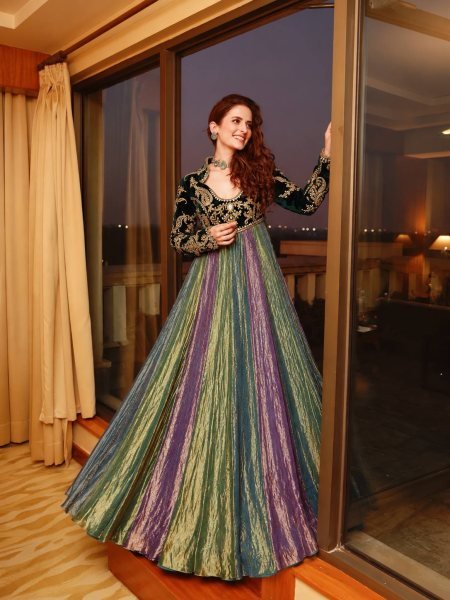 Multicolor Designer Velvet Anarkali Gown with Fandy Silk Multi Colour Flair at Wholesale Rate Ready To Wear Collection