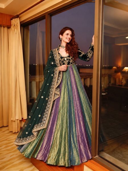 Multicolor Designer Velvet Anarkali Gown with Fandy Silk Multi Colour Flair at Wholesale Rate Ready To Wear Collection