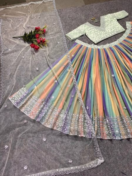 Multicolor Digital Print Georgette Lehenga Set with Heavy Embroidery Perfect for Weddings  Designer Lehenga Choli