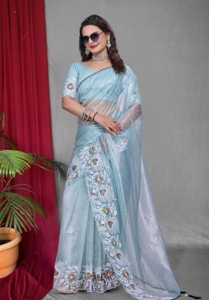 Multicolor Embroidered Net Saree with Tassels Light Party Look Net Sarees Wholesale