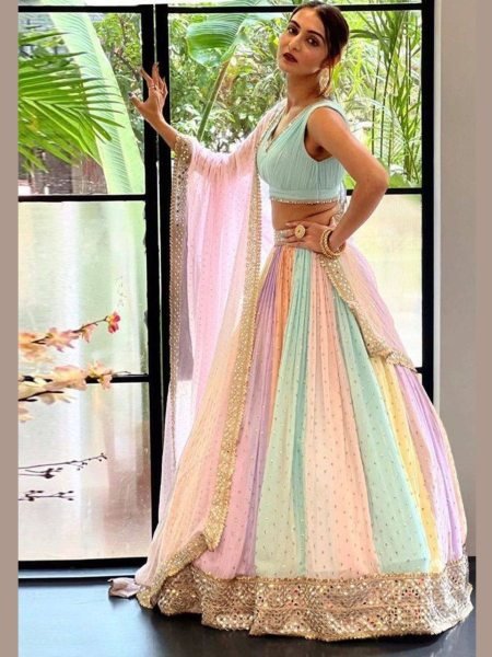 Multicolor Faux Georgette Designer Lehenga Choli With Mirror And Sequins Work  Lehenga