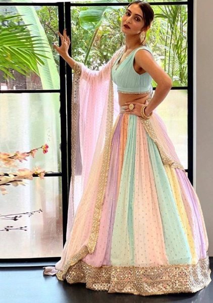 Multicolor Faux Georgette Designer Lehenga Choli With Mirror And Sequins Work Bridal Lehenga Choli