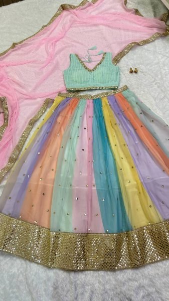 Multicolor Faux Georgette Designer Lehenga Choli With Mirror And Sequins Work Bridal Lehenga Choli