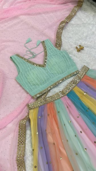 Multicolor Faux Georgette Designer Lehenga Choli With Mirror And Sequins Work Bridal Lehenga Choli