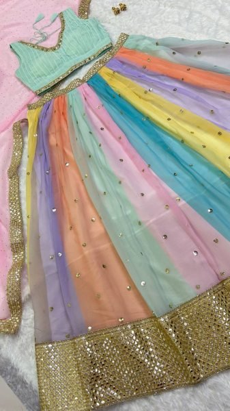 Multicolor Faux Georgette Designer Lehenga Choli With Mirror And Sequins Work Bridal Lehenga Choli