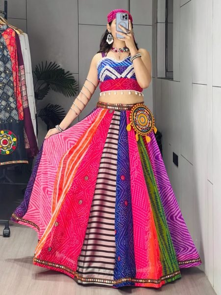 Multicolor Faux Georgette Navratri Lehenga Choli with Mirror Work and Gamthi Batwa Navratri Lehnega Choli