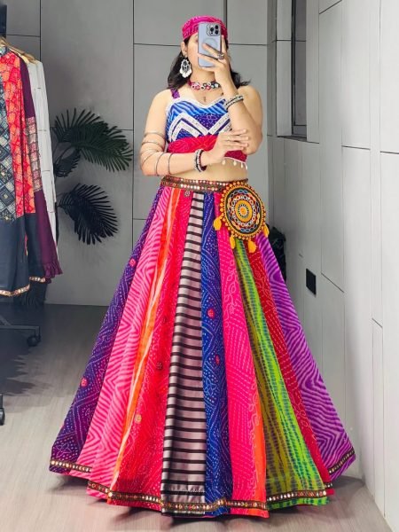 Multicolor Faux Georgette Navratri Lehenga Choli with Mirror Work and Gamthi Batwa Navratri Lehnega Choli