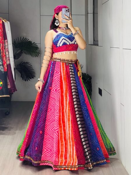 Multicolor Faux Georgette Navratri Lehenga Choli with Mirror Work and Gamthi Batwa Navratri Lehnega Choli