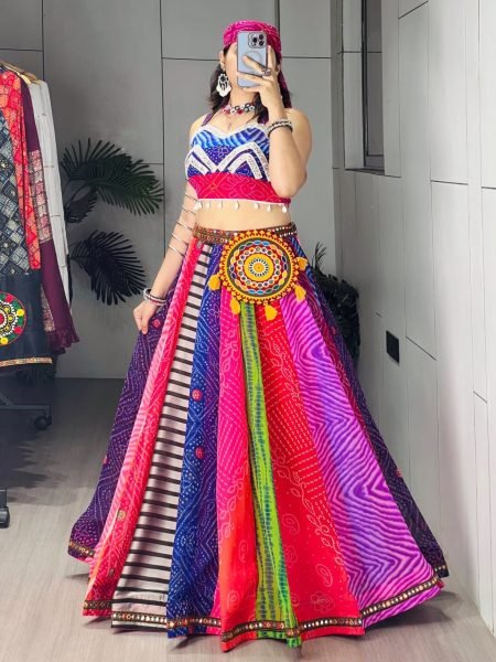 Multicolor Faux Georgette Navratri Lehenga Choli with Mirror Work and Gamthi Batwa Navratri Lehnega Choli