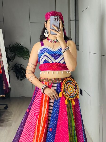 Multicolor Faux Georgette Navratri Lehenga Choli with Mirror Work and Gamthi Batwa Navratri Lehnega Choli